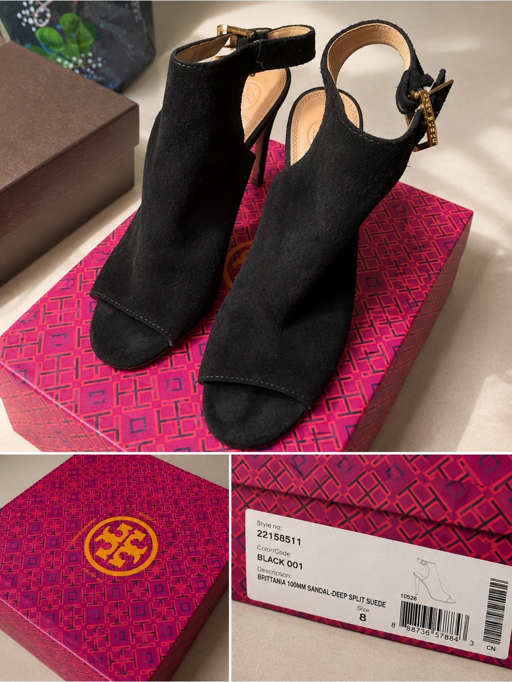 Tory Burch Black Suede Open-Toe Slingback Heels with Gold Buckle